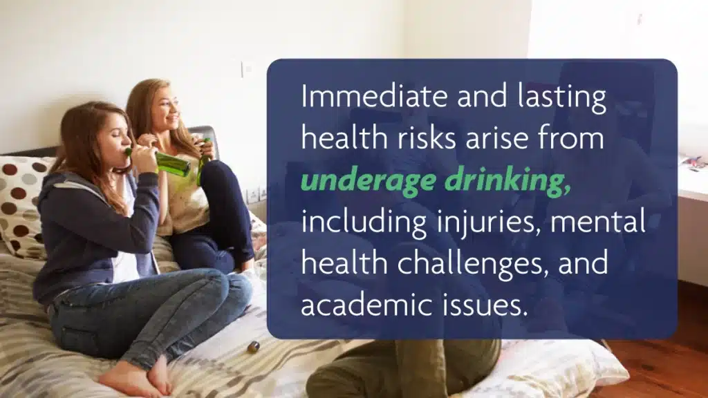 A group of teenagers engaging in underage drinking in a bedroom. Immediate and lasting health risks arise from underage drinking.