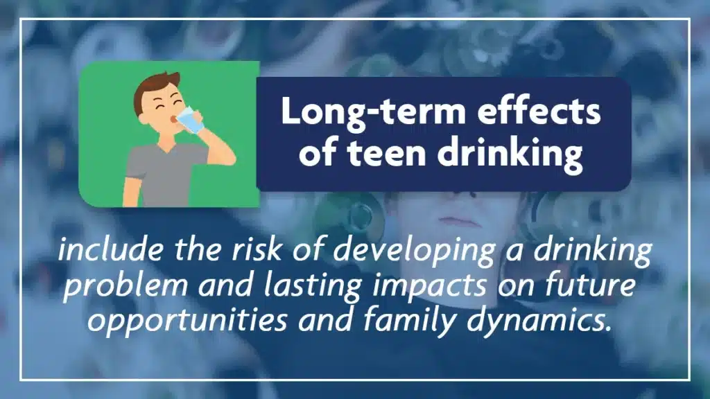 Illustration of a teenager drinking from a glass. White text on a blue background explains the long-term effects of teen drinking.