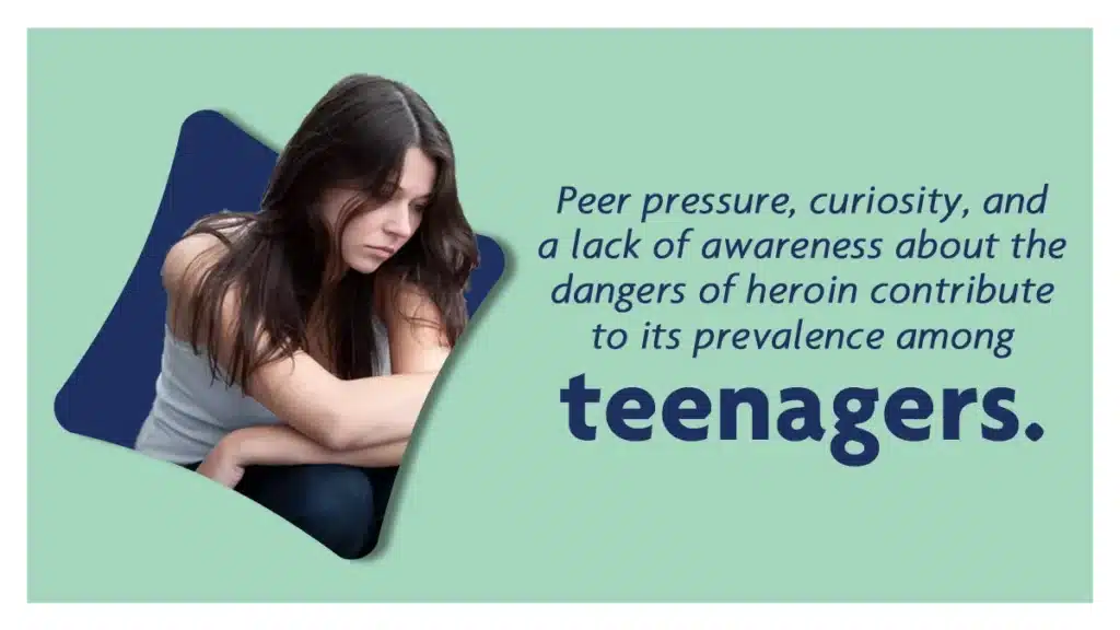 Blue text on a green background explains peer pressure, curiosity, and a lack of awareness contribute to heroin’s use among teenagers.