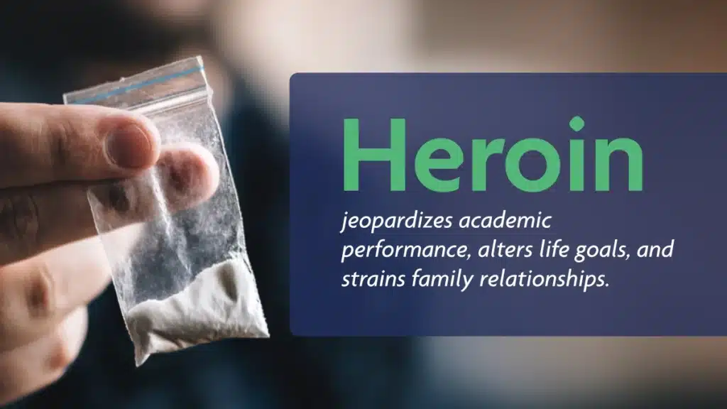 Closeup of a hand holding a small bag of white powder. Text on the right half of the image explains how heroin use affects teens.