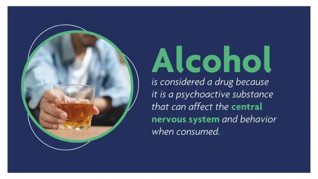 Alcohol is considered a drug because it is a psychoactive substance that can affect the central nervous system and behavior when consumed.