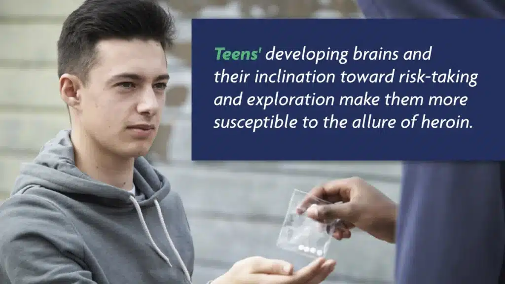 Teen in a gray hoodie reaching out to grab a plastic bag with white pills. White text on a blue background explains why teens take risks.