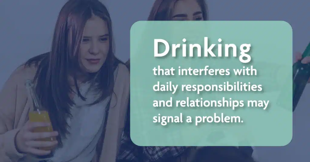 Teens drinking from beer bottles. Text says drinking that interferes with daily responsibilities and relationships may signal a problem.