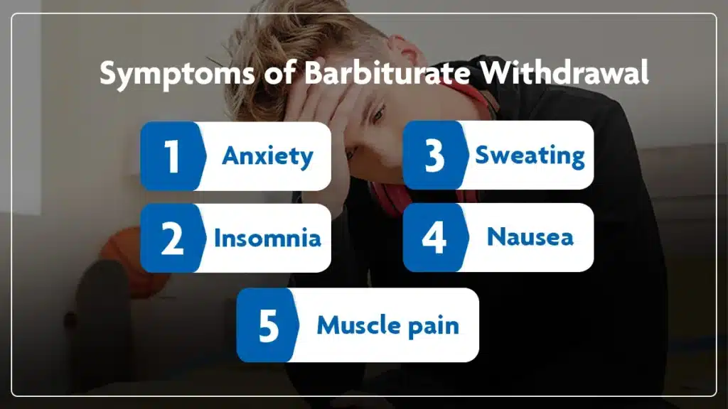 Teenage boy with his hand on his head. Superimposed text lists five common symptoms of barbiturate withdrawal.