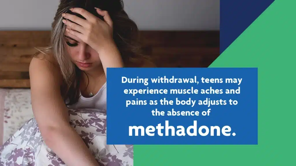 Teenager sitting up in bed with her hand on her head. White text on a blue background explains why methadone withdrawal causes muscle aches.
