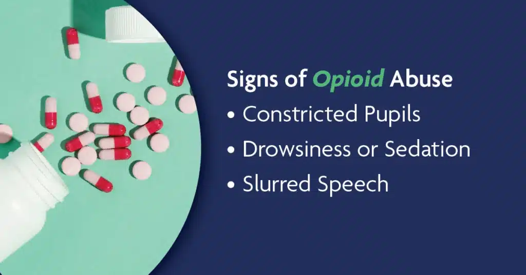 Pills spilling out of a white pill bottle. Text lists three signs of opioid abuse: constricted pupils, drowsiness, and slurred speech.
