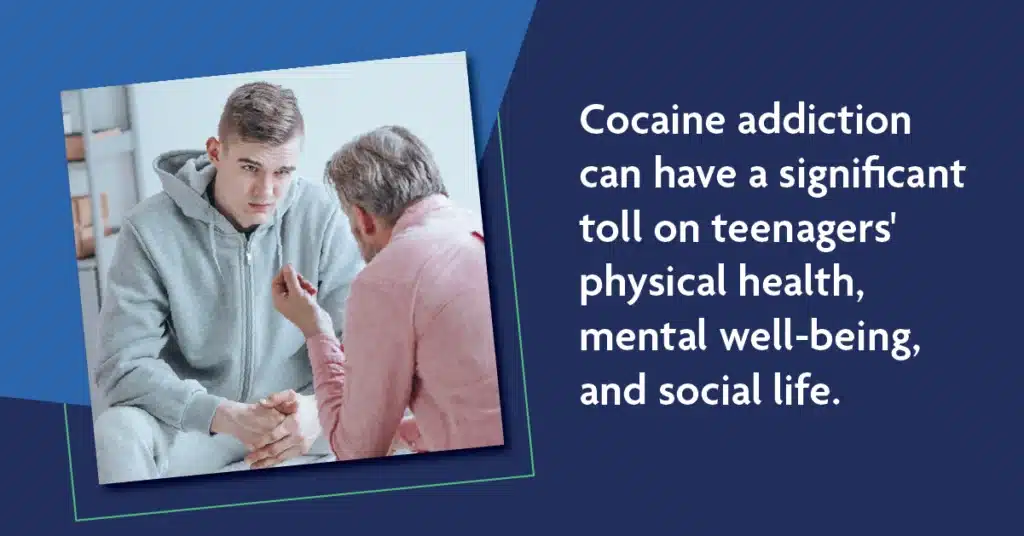 Teenage boy in gray hoodie speaking to an adult. Cocaine addiction can have a toll on physical health, mental well-being, and social life.
