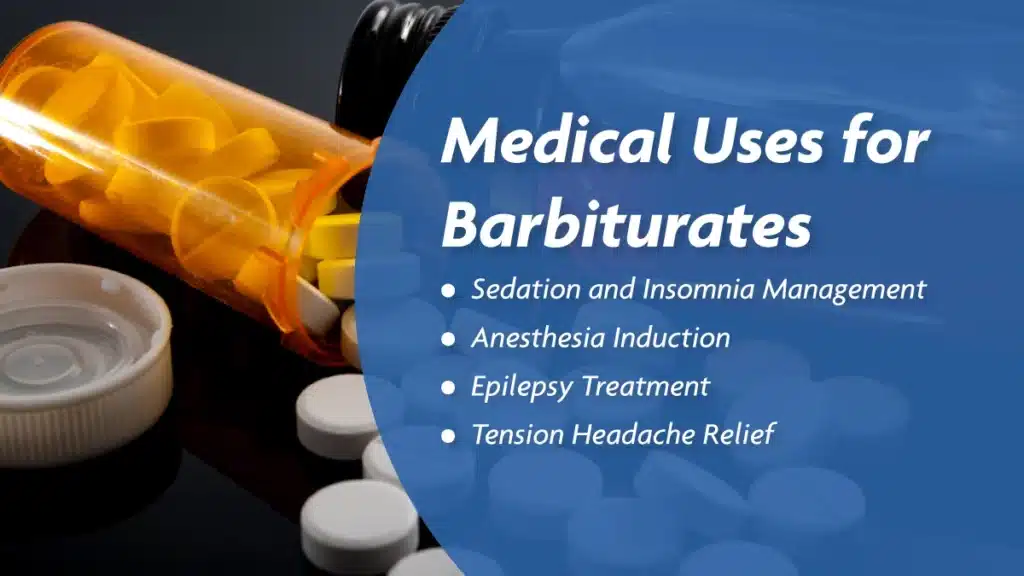 White tablets coming out of an orange pill bottle. White text on blue background explains the medical uses of barbiturates.

