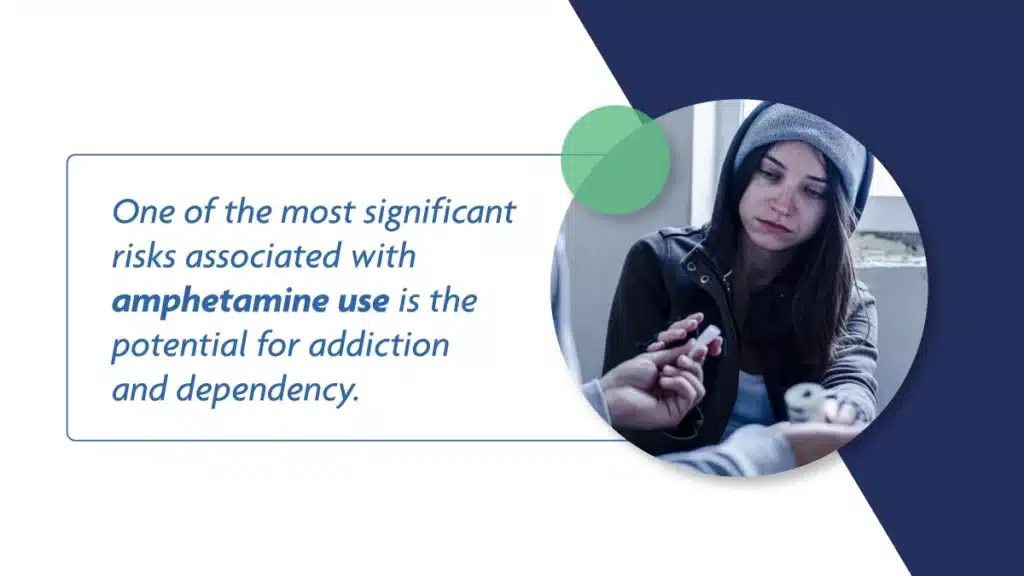 Teen girl in a beanie and hoodie buying drugs in an abandoned building. Blue text explains the risk of addiction from amphetamines.
