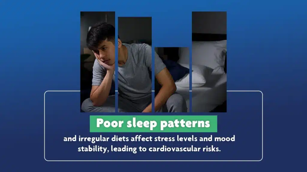 Teen boy sitting alone at night. Poor sleep patterns and diets affect stress levels and mood stability, leading to cardiovascular risks.
