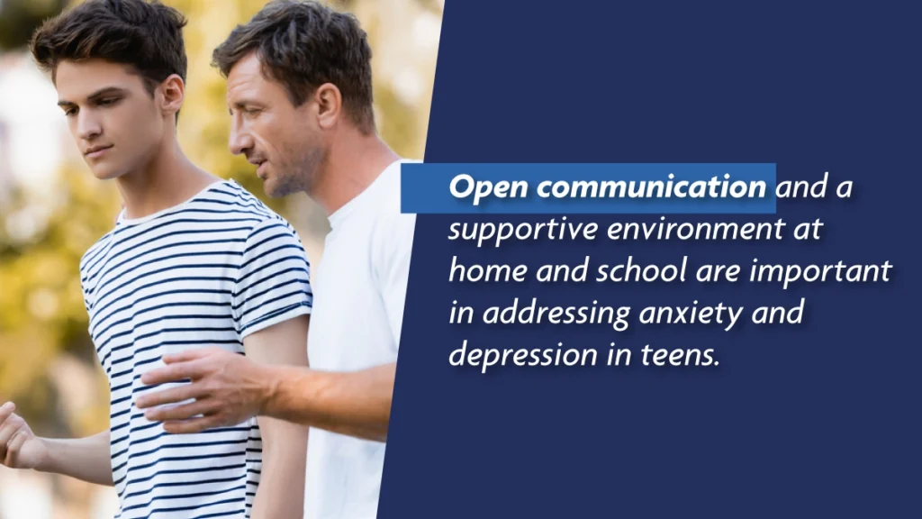 Father and son talking on a nature walk. Text: Open communication and support at home and school help address teen anxiety.
