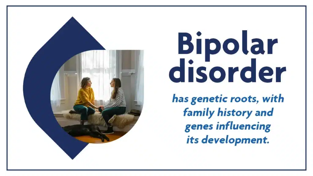 Mother and daughter talking peacefully. Text: Bipolar disorder has genetic roots, with family history and genes influencing its development.
